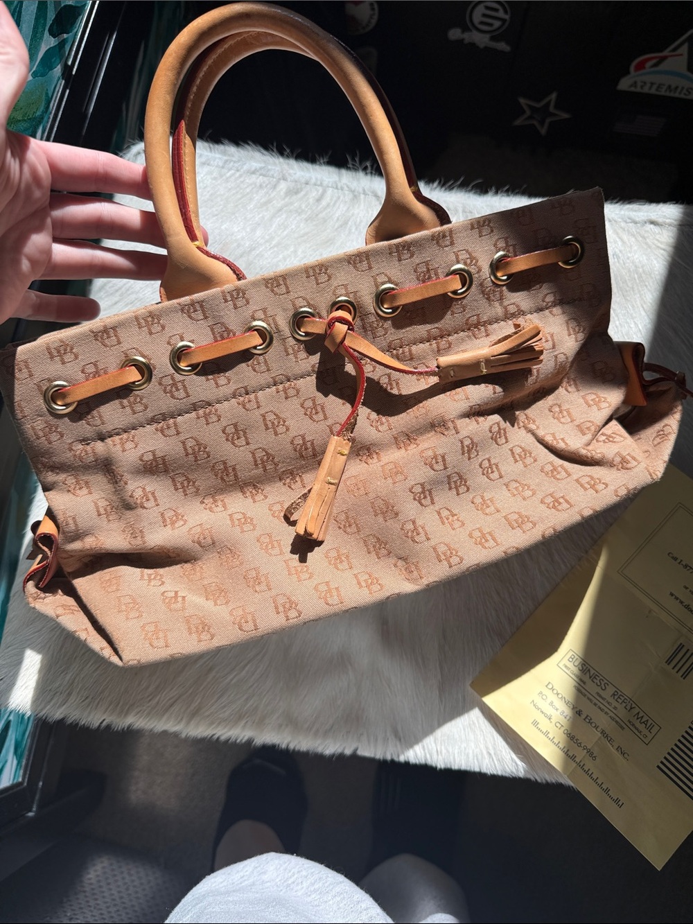Dooney & Bourke Tan Monogram Drawstring Tote